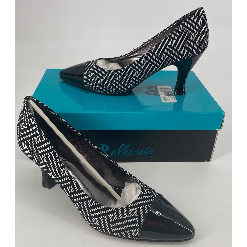 Bellini ZIA Womens 9 Black/White Zig Zag Pump Heel Work Patient Leather Work